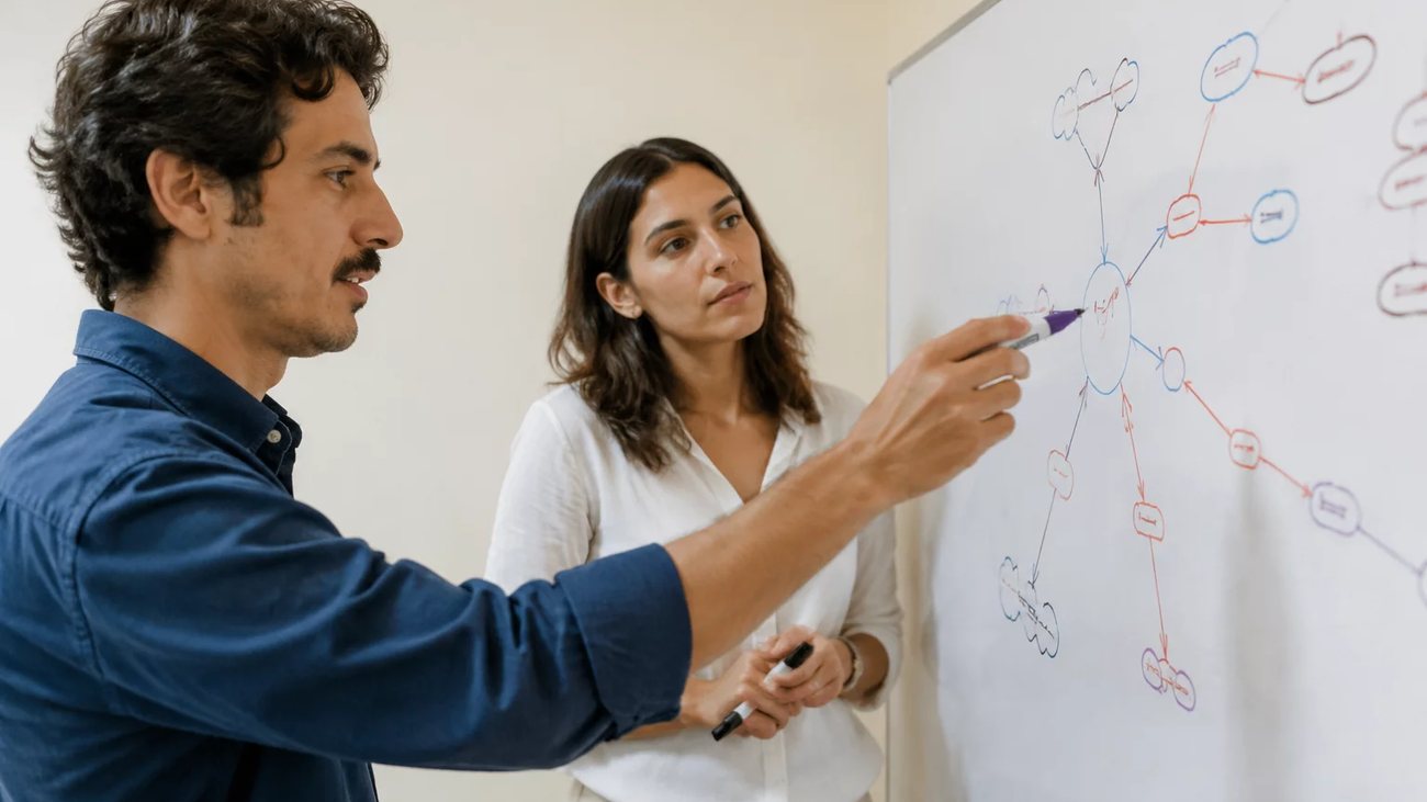 Duas participantes de pé diante do quadro branco, montando um argumento a caneta